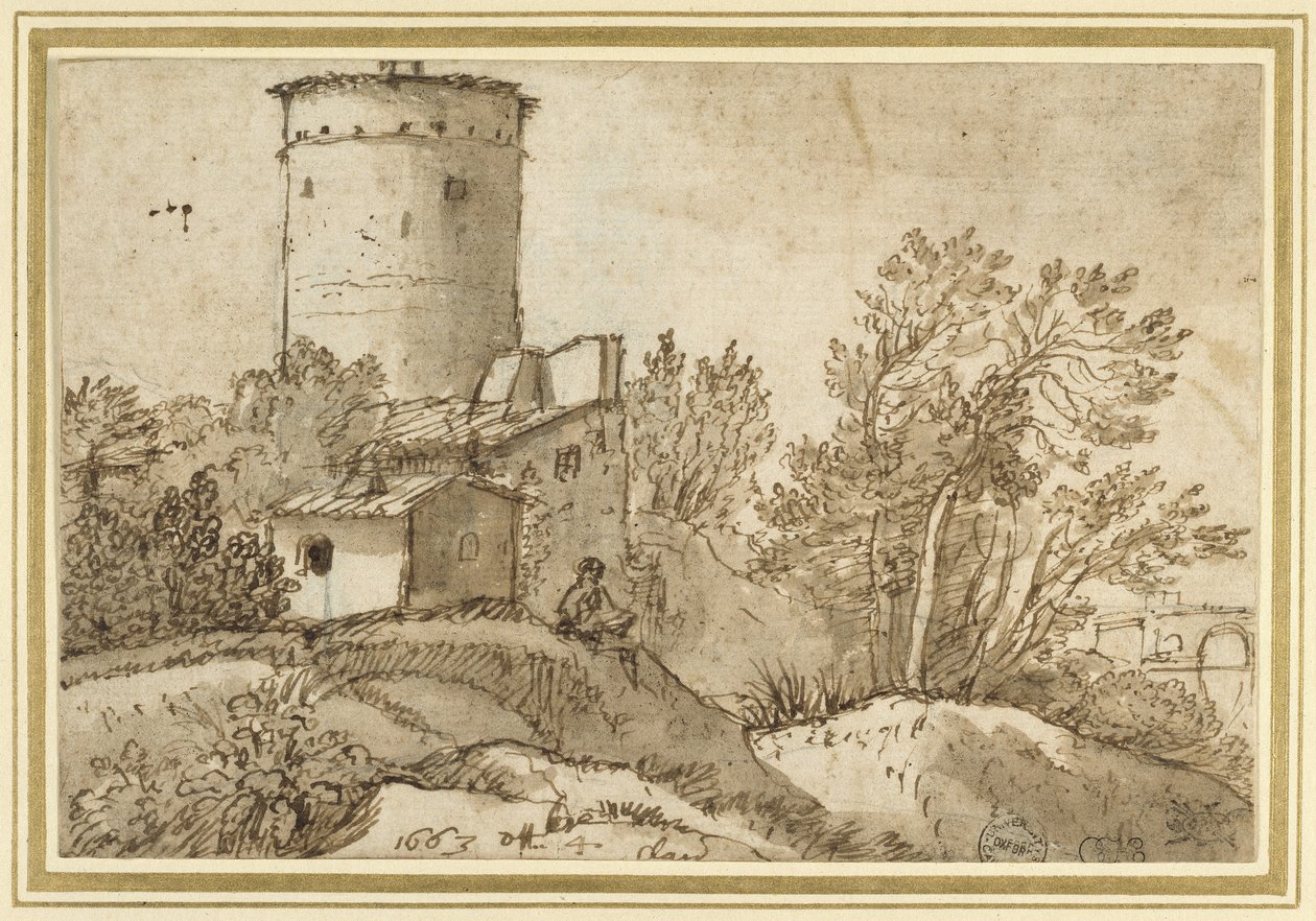 Farm Buildings by the Tiberis, 1663 (fekete kréta tollal és barna tintával és barna mosással törtfehér papíron) alkotó: Claude Lorrain