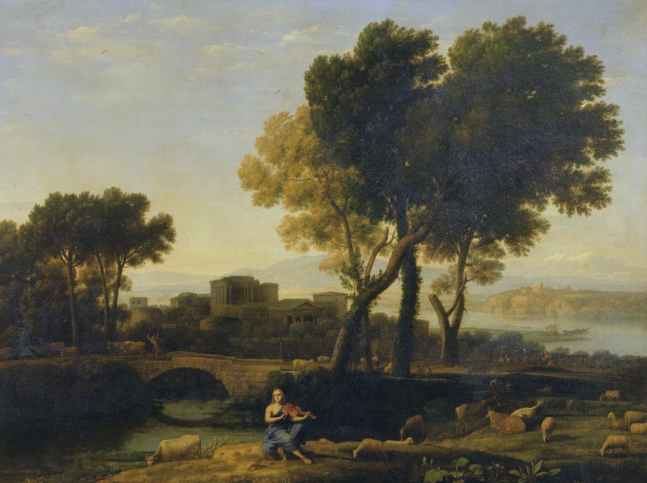 Tájkép Apollónnal, aki Admetosz szarvasmarháit őrzi, és Merkúrral, aki ellopja azokat. alkotó: Claude Lorrain