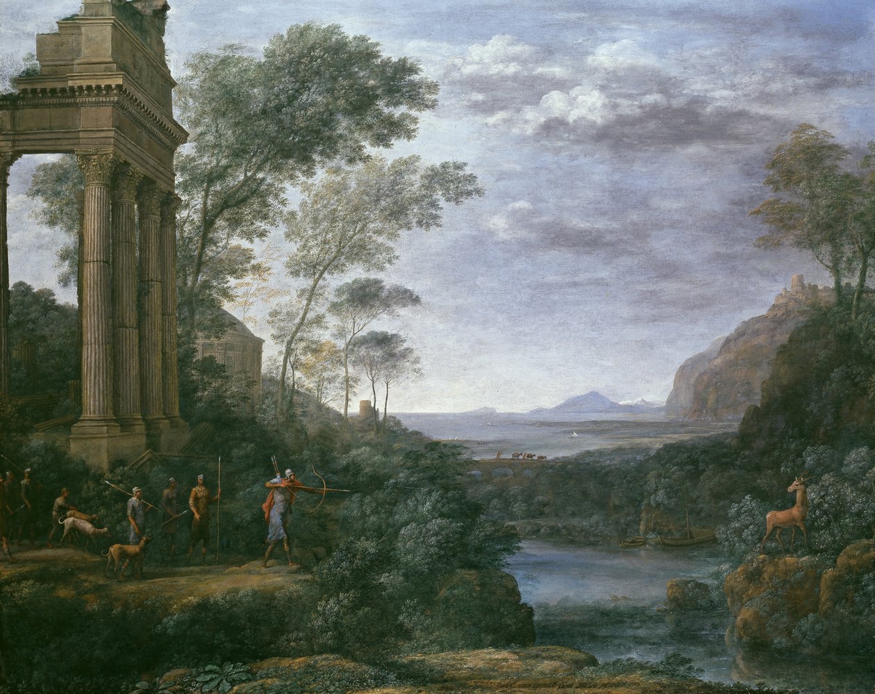 Táj Ascaniusszal, aki Sylvia szarvasát lövi, 17. század alkotó: Claude Lorrain