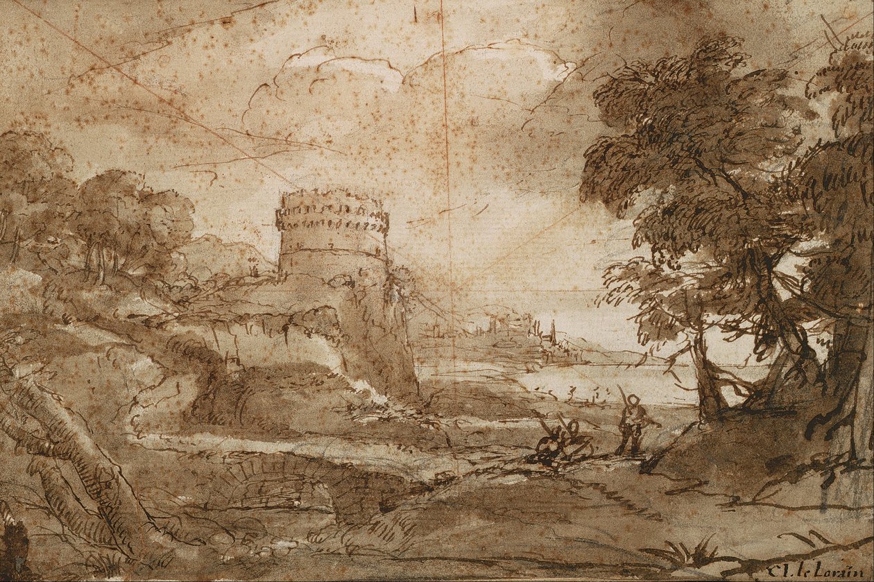Táj, kerek torony és öböl alkotó: Claude Lorrain