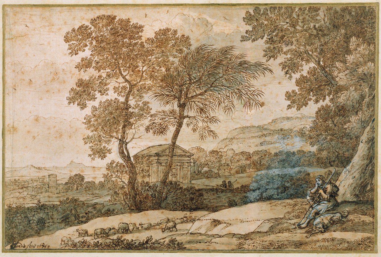 Tájkép pásztorral és kutyájával (toll és tus, papír) alkotó: Claude Lorrain