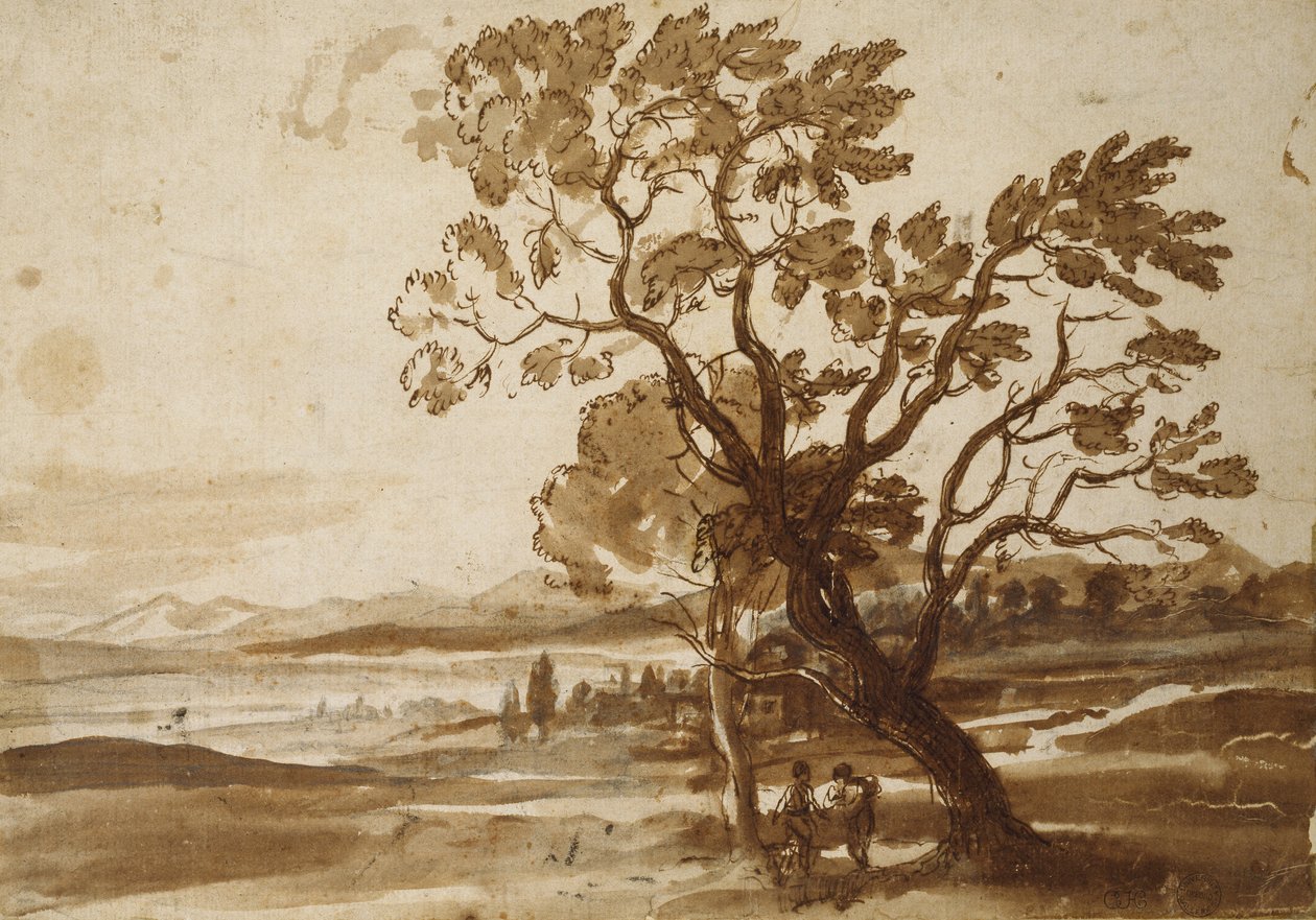 Táj két fával, 1638 körül (fekete kréta tollal és barna tintával és barna mosás törtfehér papíron) alkotó: Claude Lorrain