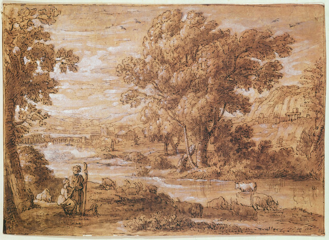 Pásztor és pásztorlány (toll, akvarell és bistre wash) alkotó: Claude Lorrain