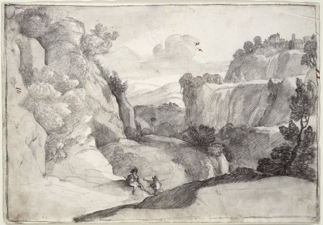 Tivoli vízesései (fekete kréta papíron) alkotó: Claude Lorrain
