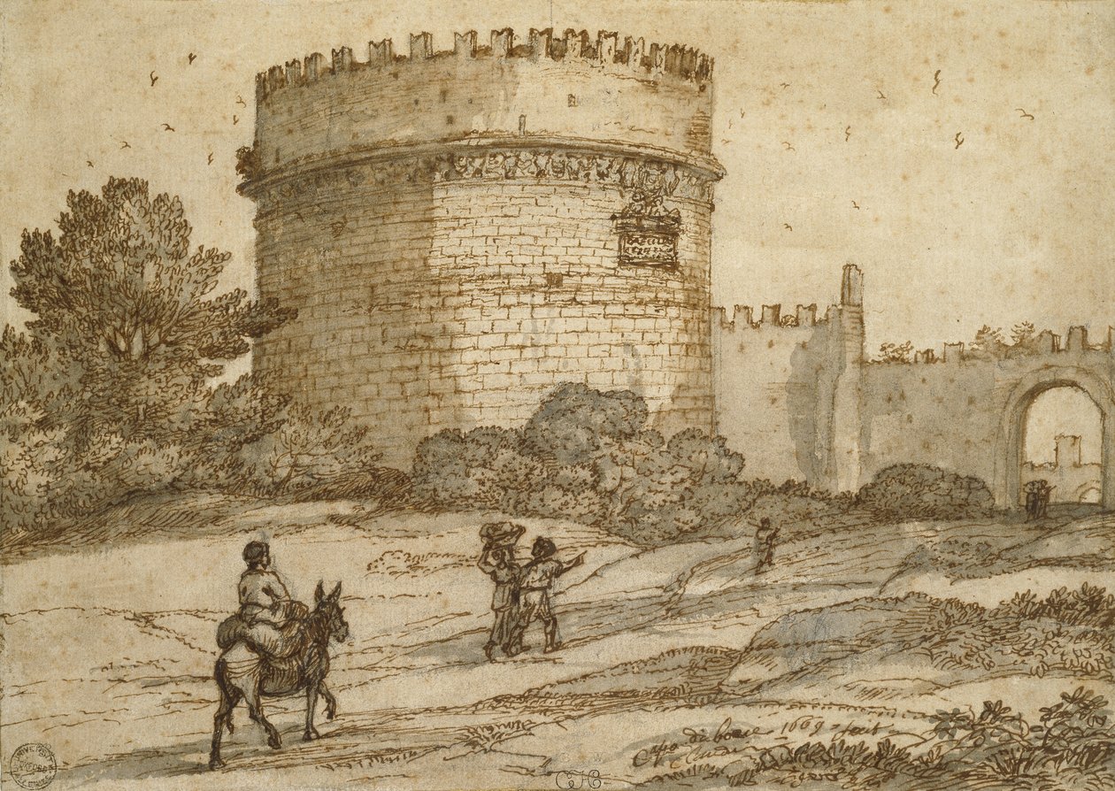 Cecilia Metella sírja, 1669 (fekete kréta tollal és barna tintával és szürkésbarna mosásokkal, finom felületű, törtfehér papíron) alkotó: Claude Lorrain