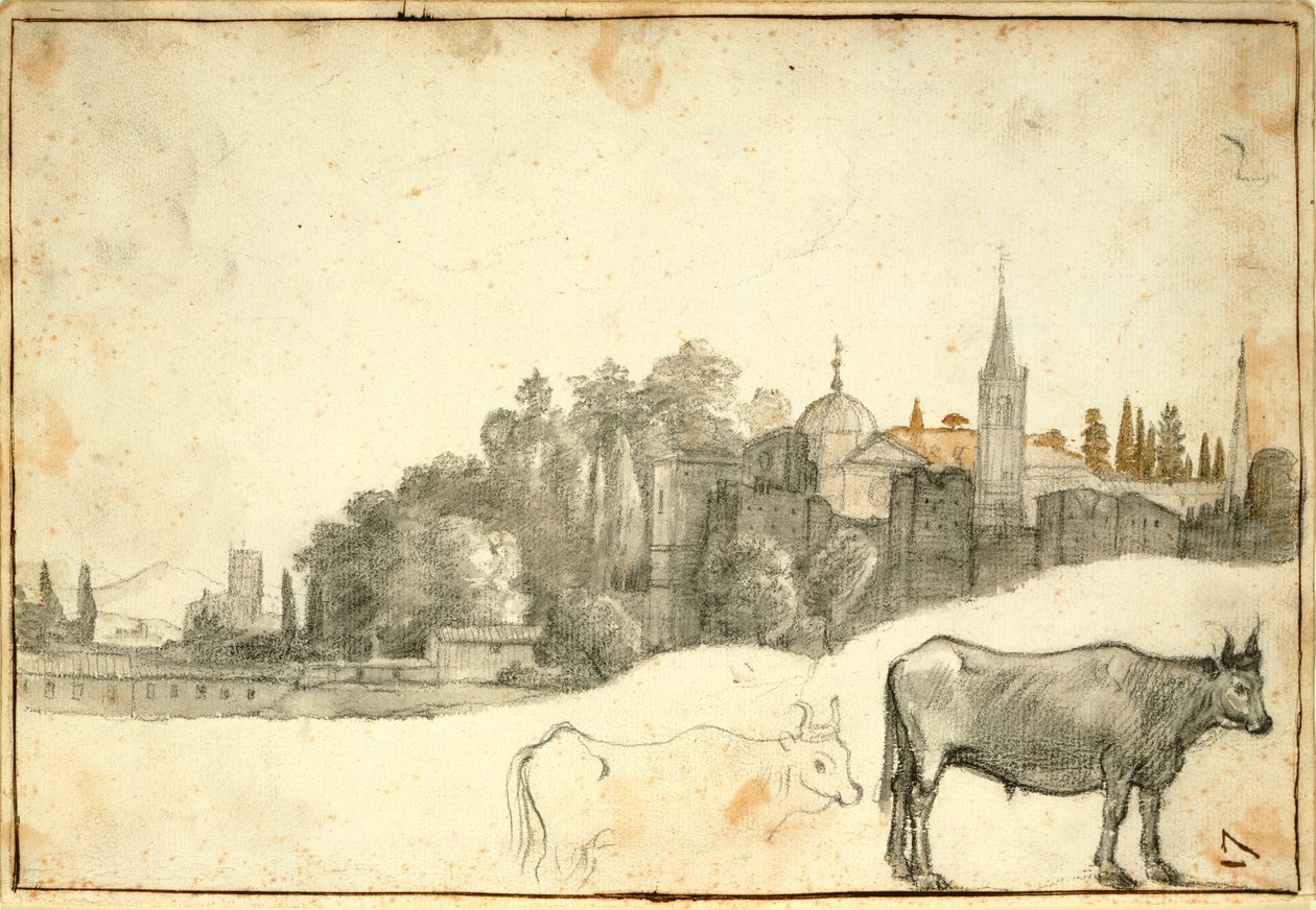 Kilátás a Piazza del Popolo téren kívül (fekete kréta és mosás papíron) alkotó: Claude Lorrain
