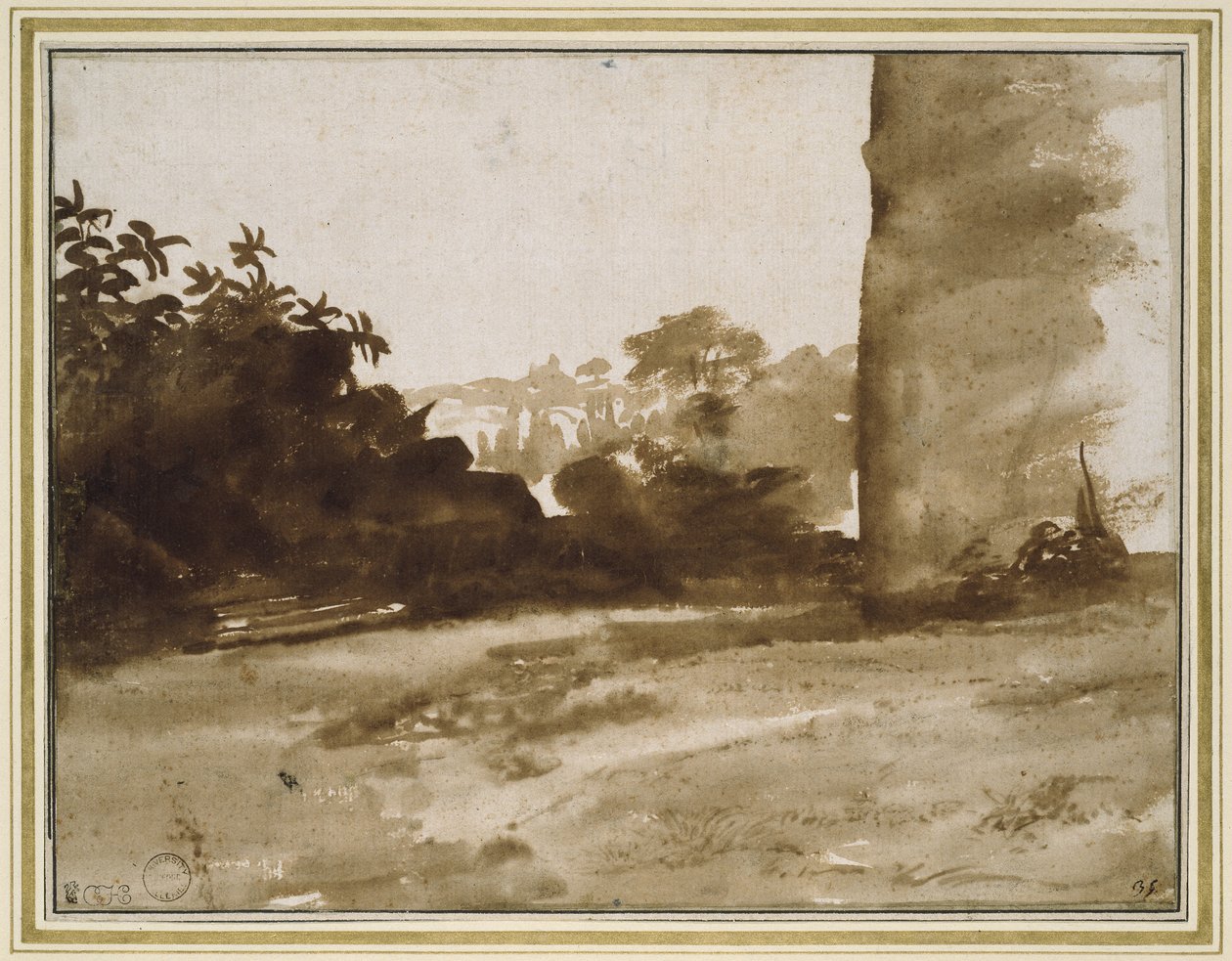 Kilátás a cserjére jobb oldali fallal, 1640 körül (fekete kréta halvány nyomai ecsettel és barna mosással fehér papíron) alkotó: Claude Lorrain