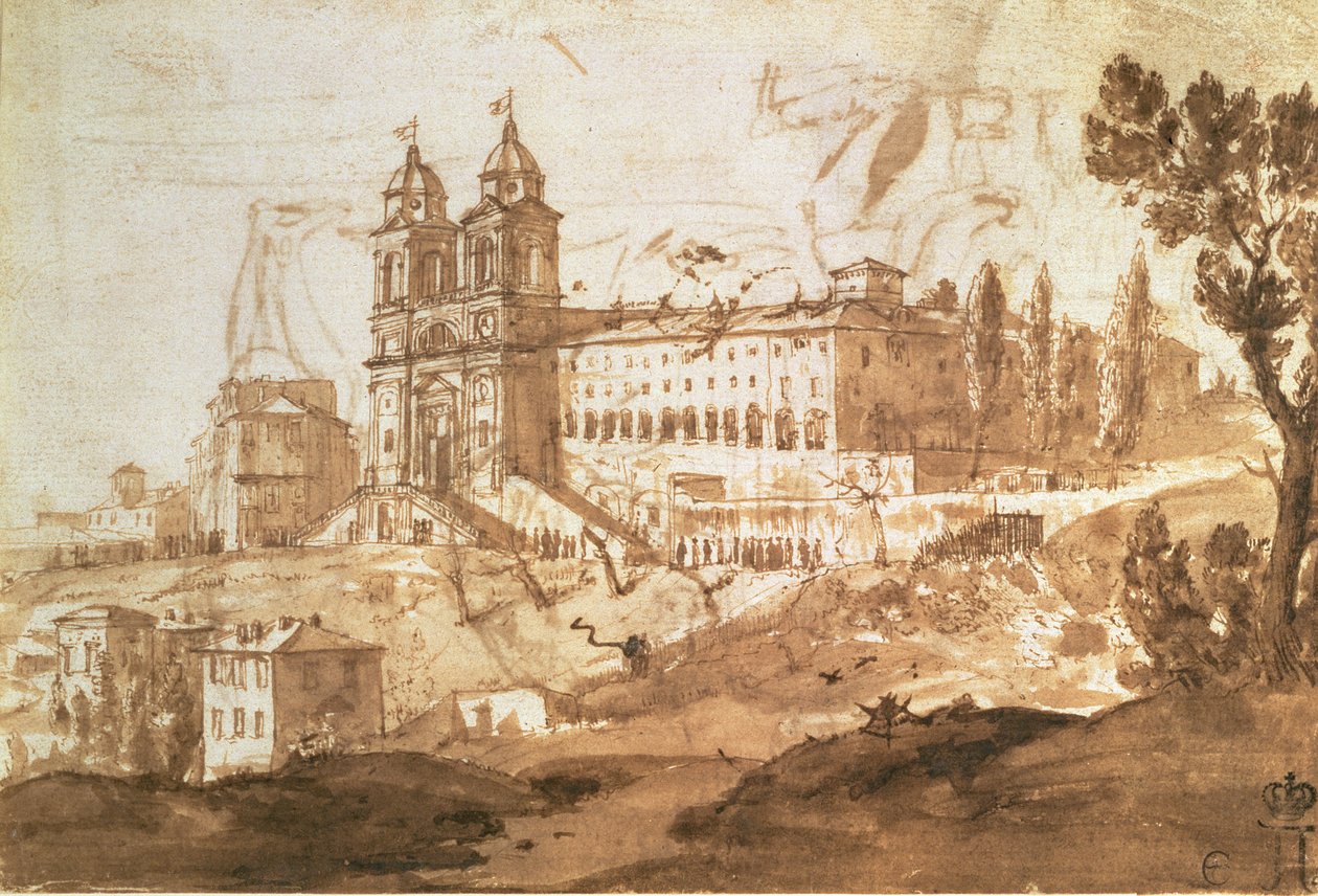 A római S. Trinita dei Monti templom látképe, 1632 körül (toll és tinta, barna tus) alkotó: Claude Lorrain