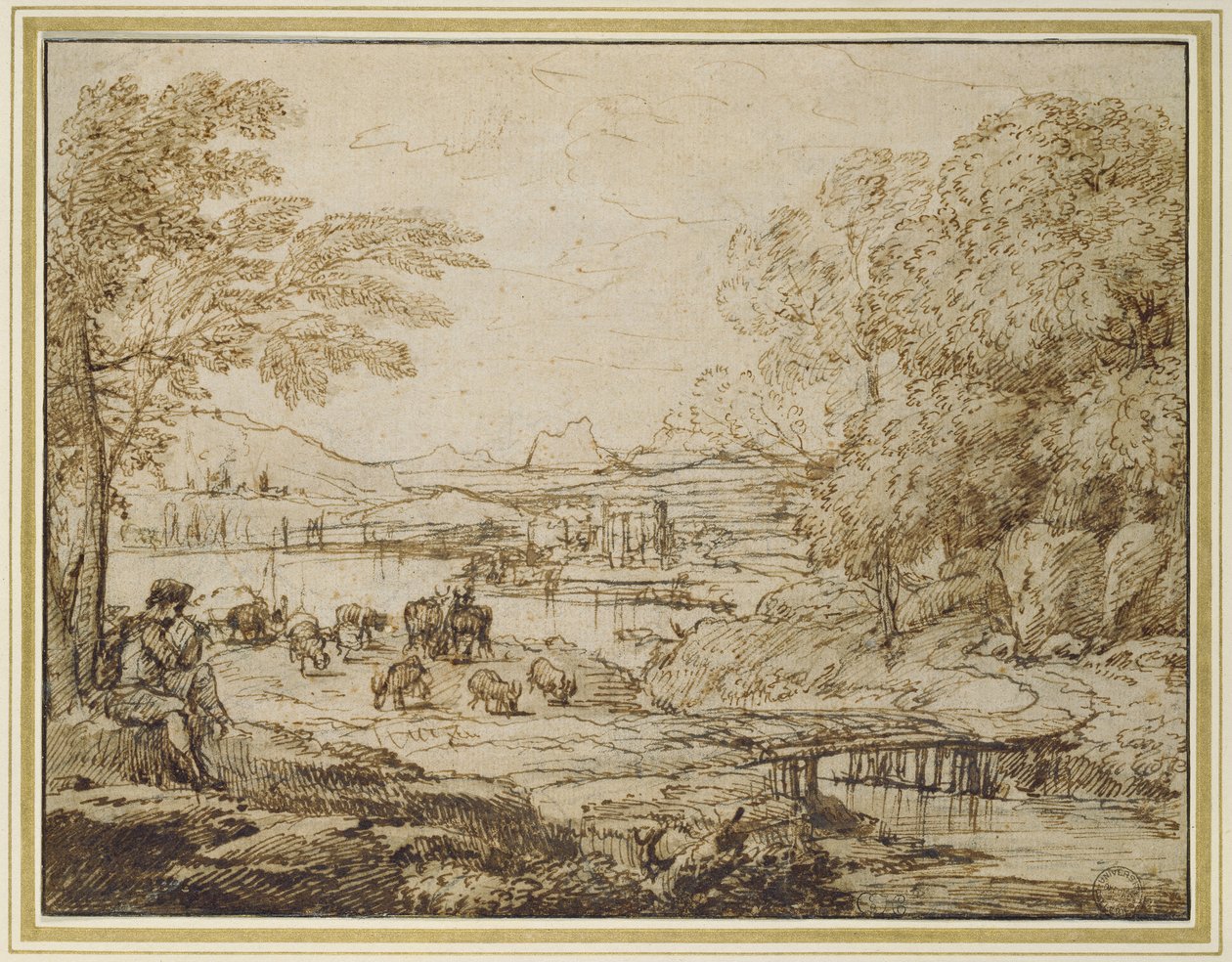 Fiatalok, akik pipáznak egy pásztori tájban, 1640-es évek (fekete kréta tollal és barna tintával és halványbarna mosás halvány bézs papíron) alkotó: Claude Lorrain