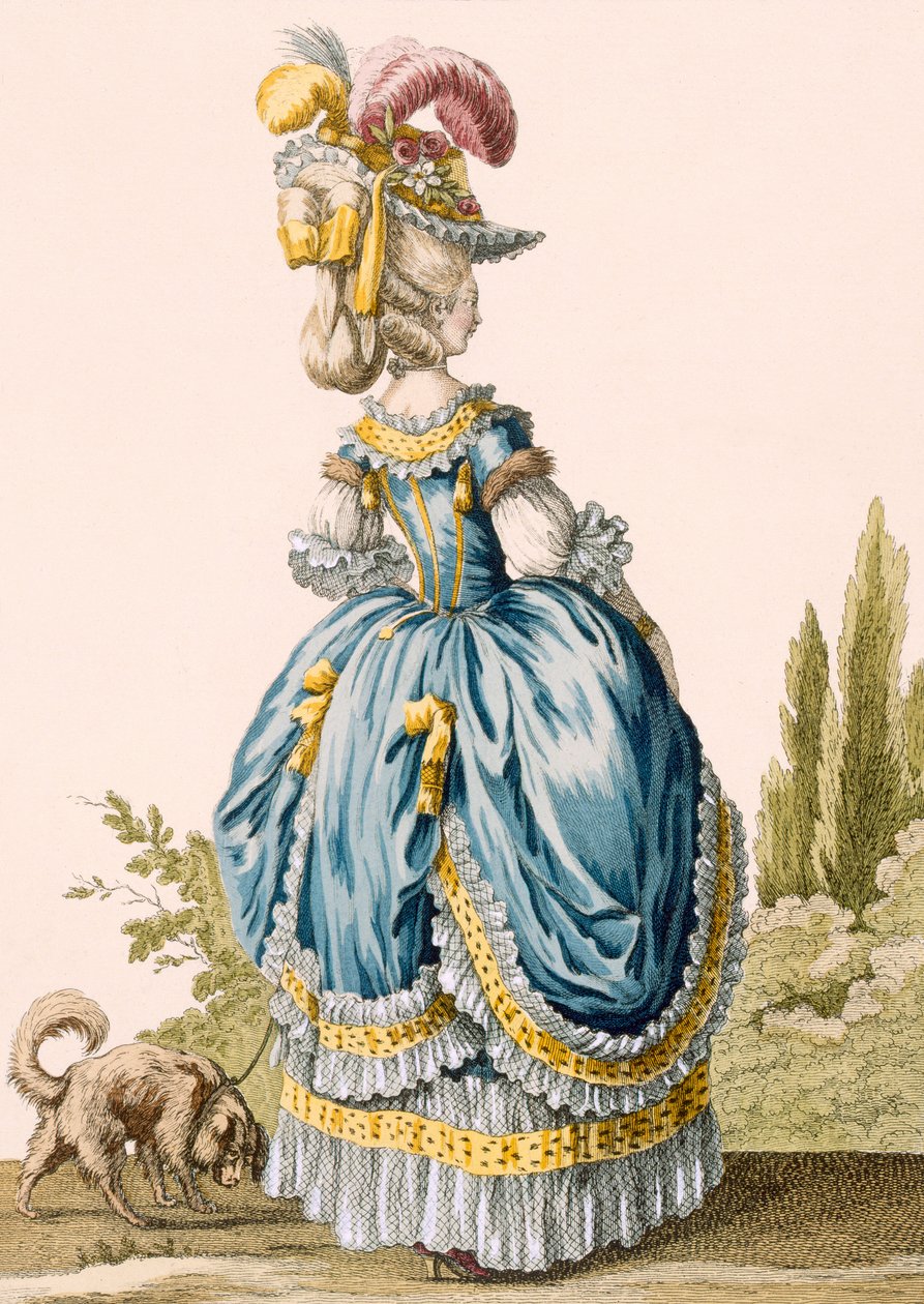Egy női ruha hátulnézete, Voysard gravírozása, 8. számú tábla a „Galeries des Modes et Costumes Francais”-ból, 1778-87 körül alkotó: Claude Louis Desrais