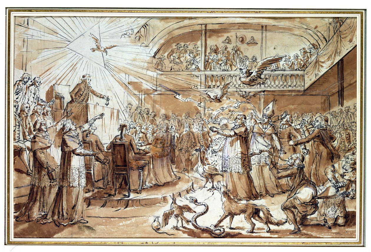 Karikatúra a papságról az 1790. decemberi alkotmányozó nemzetgyűlésen, amely megcáfolja a polgári alkotmány egyházra kényszerítését, 1790 (toll és tinta és mosás papíron) alkotó: Claude Louis Desrais