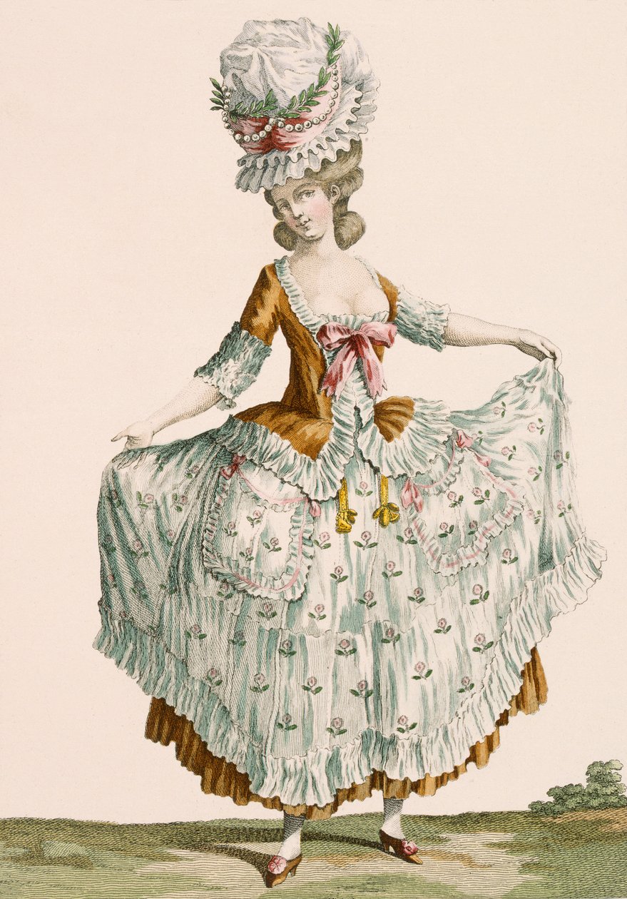 Női stílusú estélyi ruha, Voysard metszete, 64. tábla a "Galeries des Modes et Costumes Francais"-ból, 1778-87 körül. alkotó: Claude Louis Desrais