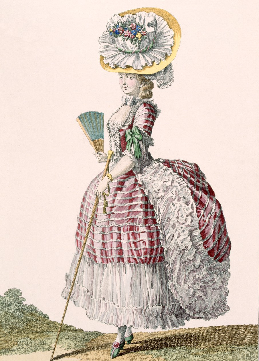 Polonéz stílusú ruhába öltözött hölgy, Dupin gravírozása, 82-es tábla a „Galeries des Modes et Costumes Francais”-ból, 1778-87 körül alkotó: Claude Louis Desrais