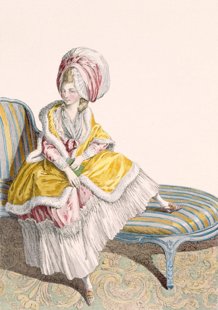 Hölgy citrom és rózsaszín színű reggeli ruhában, Dupin gravírozása, 55. számú tábla a „Galeries des Modes et Costumes Francais”-ból, 1778-87 körül alkotó: Claude Louis Desrais