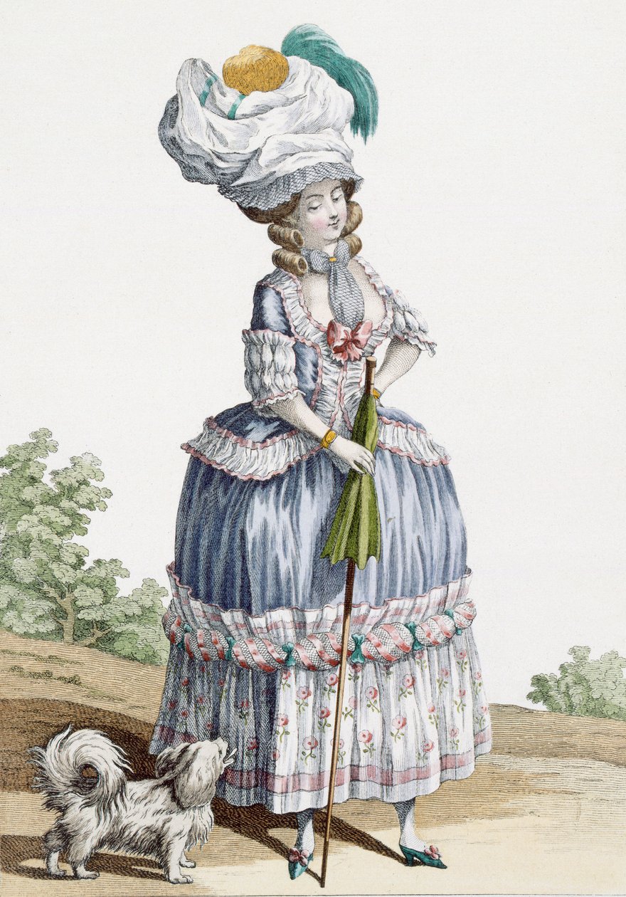 Kutyát sétáltató hölgy, Voysard metszete, 28. tábla a "Galeries des Modes et Costumes Francais"-ból, 1778-87 körül 99:ruházat; hagyományos öltözet; hagyományos viselet; divat; illu alkotó: Claude Louis Desrais
