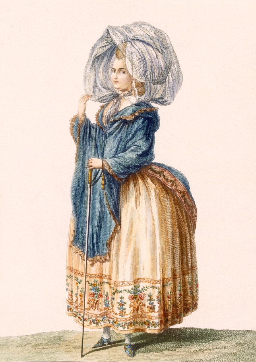 Hölgyi ruha, Voysard metszete, lemez a "Galeries des Modes et Costumes Francais"-ból, 1778-87 körül 99:ruházat; hagyományos öltözet; hagyományos viselet; divat; illusztráció; 18. sz. alkotó: Claude Louis Desrais