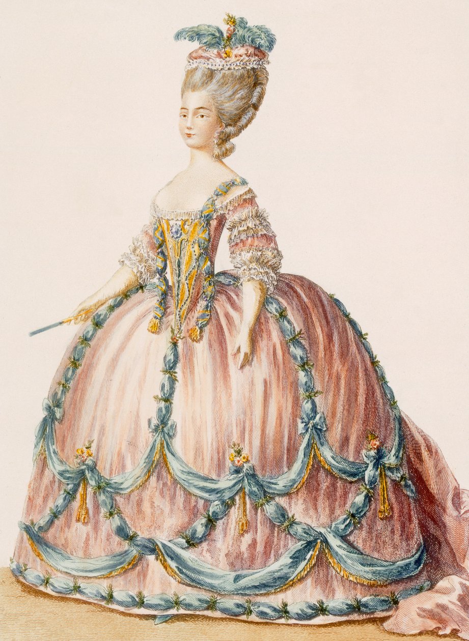 A királyi udvar női ruhája, Deny metszete, a "Galeries des Modes et Costumes Francais" című műből, 1778-87 körül. alkotó: Claude Louis Desrais