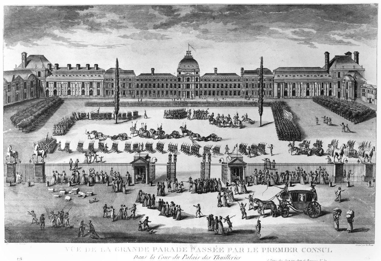 Bonaparte Napóleon (1769-1821) első konzul, csapatait áttekinti a Tuileries-palota udvarán, metszett Pierre Adrien Le Beau (sz. 1748) alkotó: Claude Louis Desrais