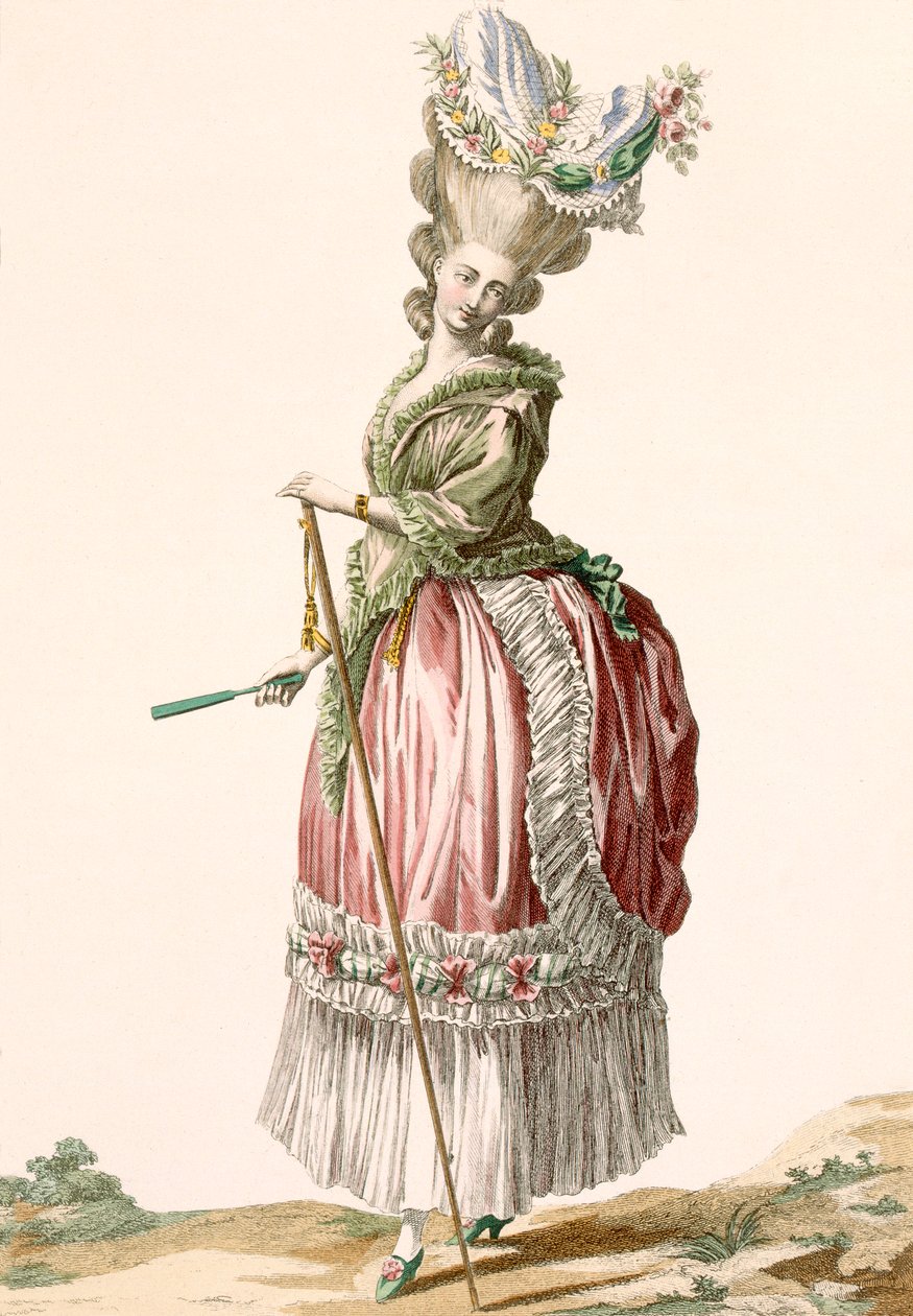 Provenciális stílusú női sétaruha, Dupin metszete, 17. sz. tányér a "Galeries des Modes et Costumes Francais"-ból, 1778-87 körül. alkotó: Claude Louis Desrais