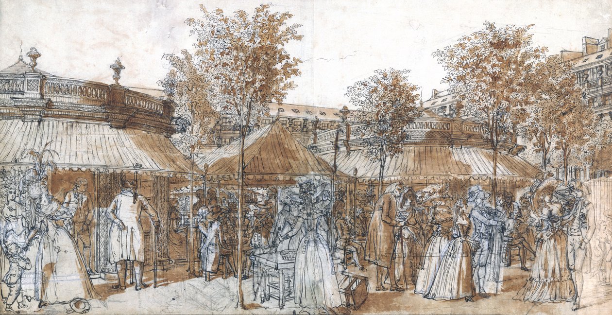 A Palais Royal Garden Walk 1787-ben (toll és barna tinta papíron) alkotó: Claude Louis Desrais