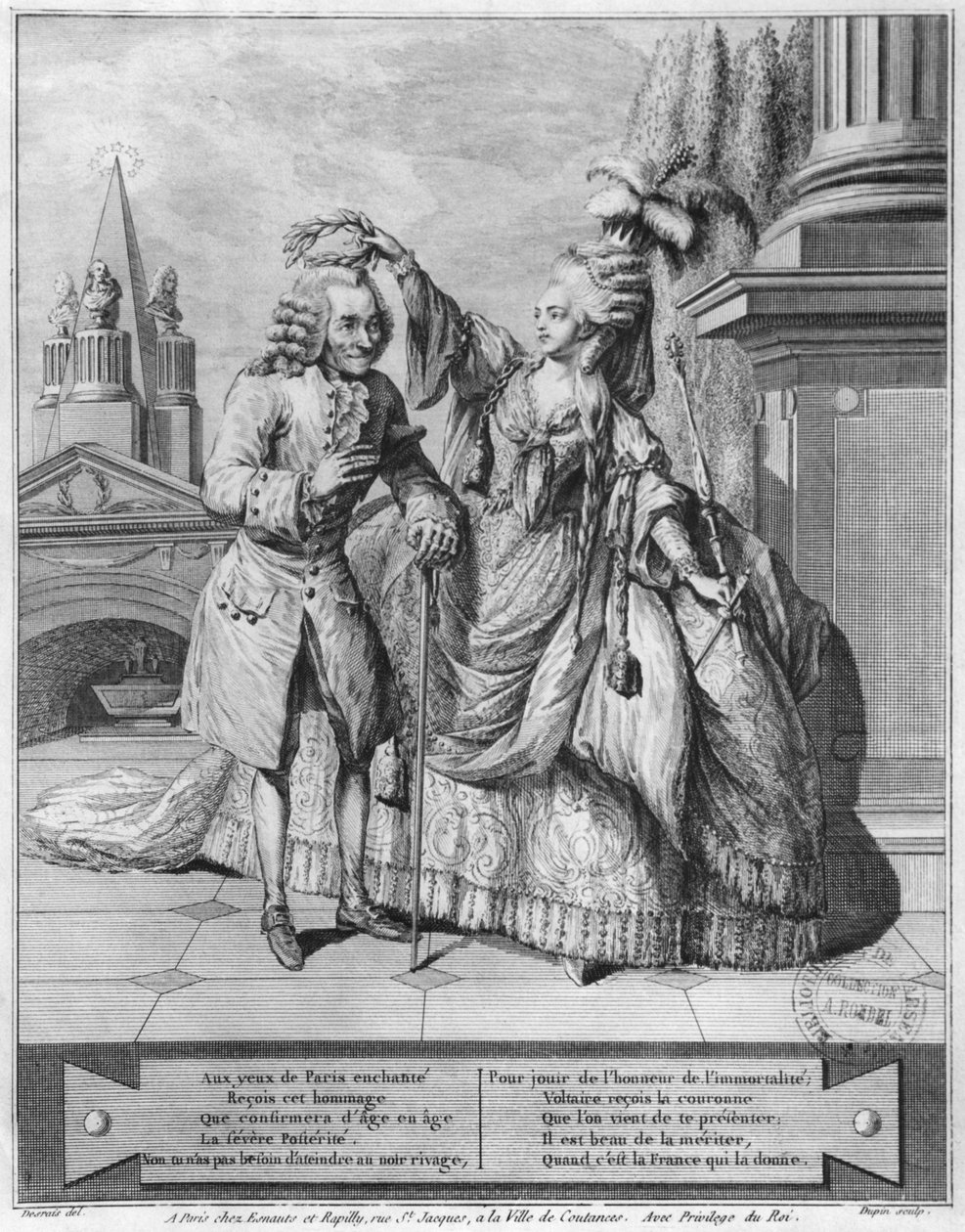 Voltaire koronája Mademoiselle Clairon, metszett Jean Victor (sz. 1718) 1791 alkotó: Claude Louis Desrais
