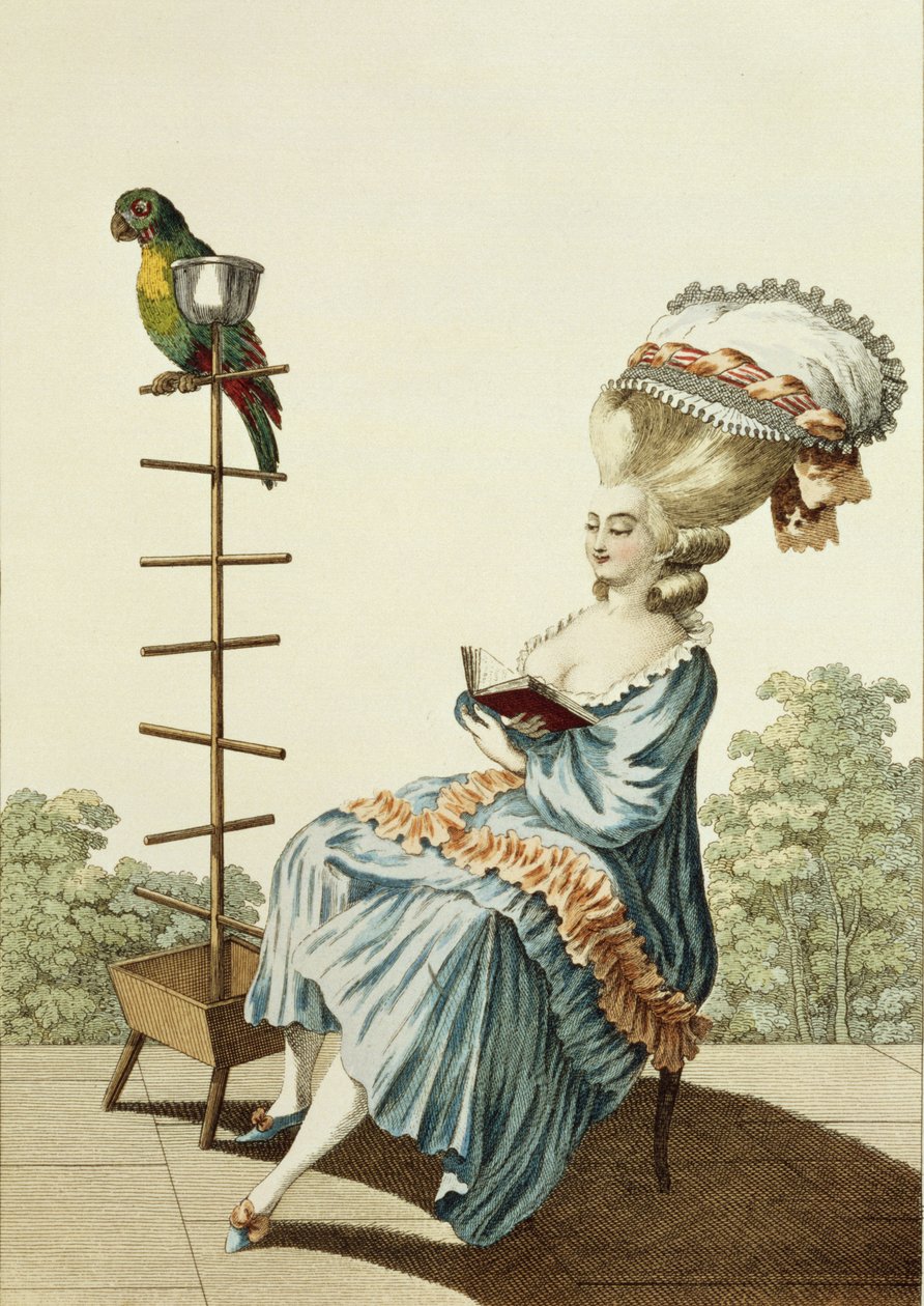 Fiatal nő olvas, nappali ruhában, díszes frizurával és főkötővel, 20. tábla a "Galerie des Modes et Costumes Francais" című műből, metszet: Etienne Claude Voysard (1746-1812) 1778-ban. alkotó: Claude Louis Desrais