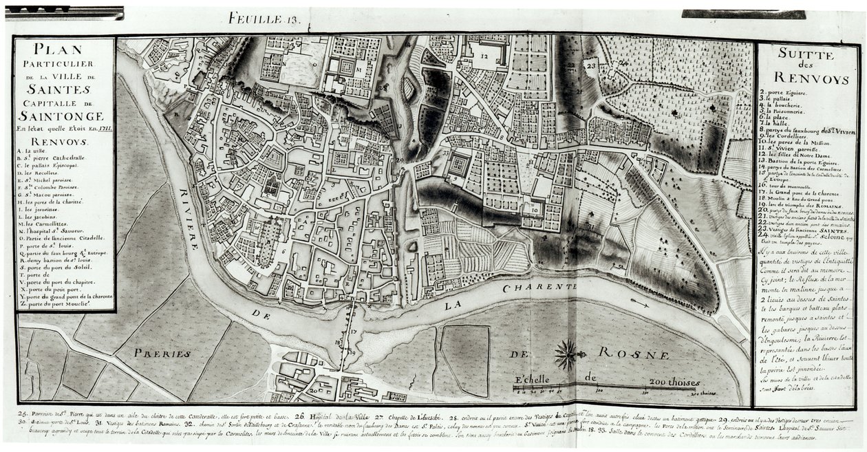 Atlas 131 fol.13 Saintes, Saintonge fővárosának térképe, a „Recueil des Plans de Saintonge”-ból, 1711 (toll, tinta és WC papíron) alkotó: Claude Masse