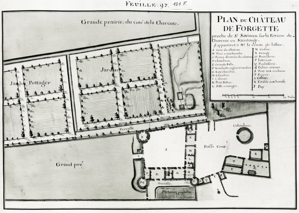 Fol.97 A Saint-Savinien melletti Chateau de Forgette kastély terve, a "Recueil des Plans de Saintonge" című kiadványból (toll és tinta, wc, papír) alkotó: Claude Masse
