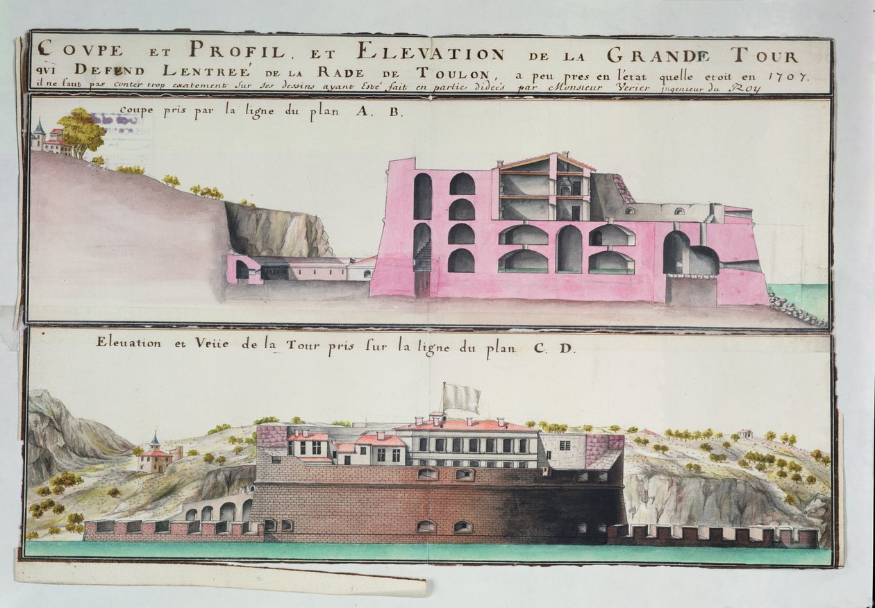 Ms 508131 K fol.107 A touloni kikötő tornyának keresztmetszete és magaslata, a "Traite de Fortifications"-ból (toll és tinta, wc, papír) alkotó: Claude Masse