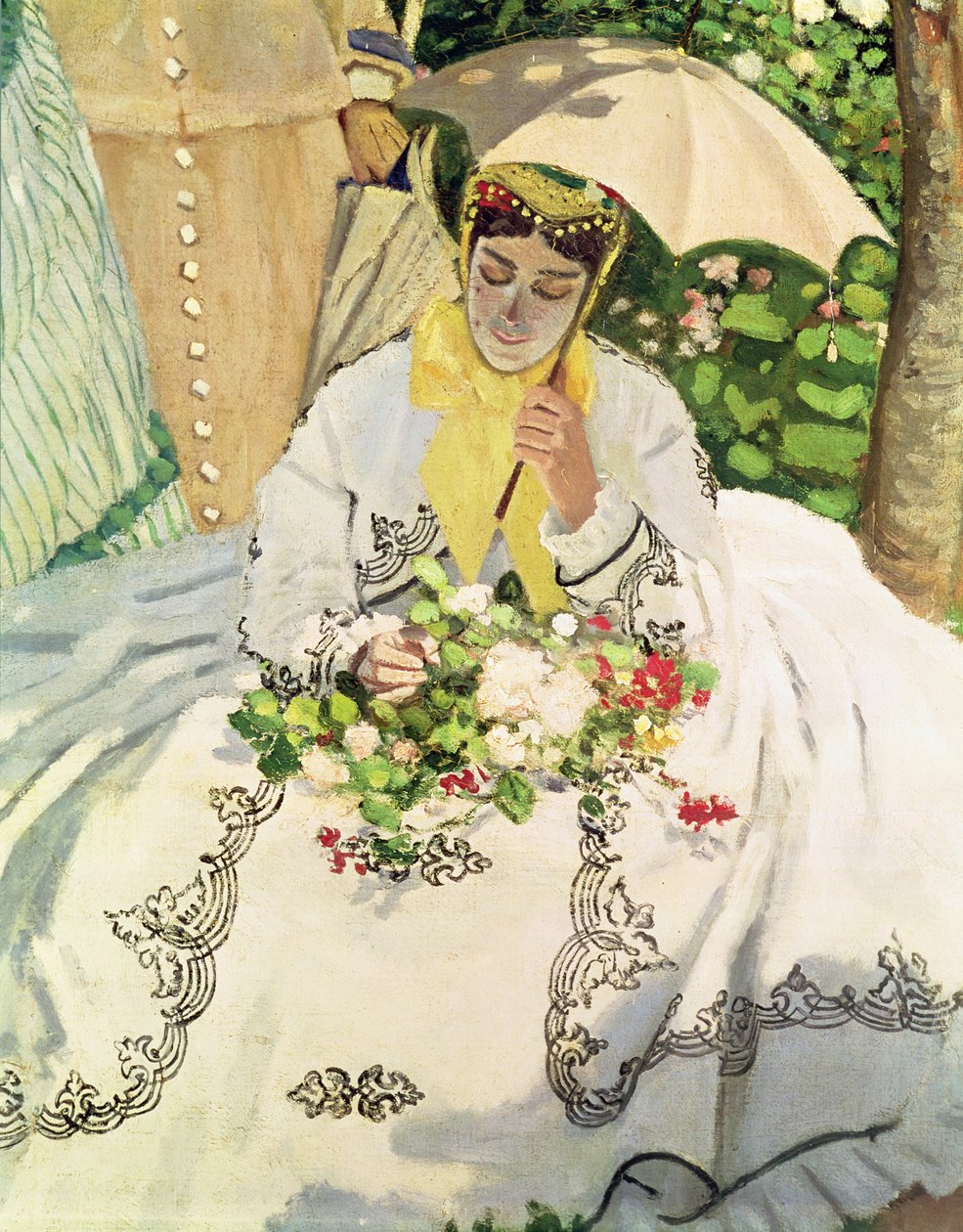 Femmes au jardin részlet egy ülő fiatal nőről, aki napernyőt cipel, 1866 körül, olaj, vászon alkotó: Claude Monet