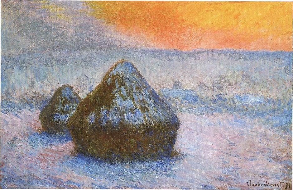 Halom búza naplemente, hóhatás alkotó: Claude Monet
