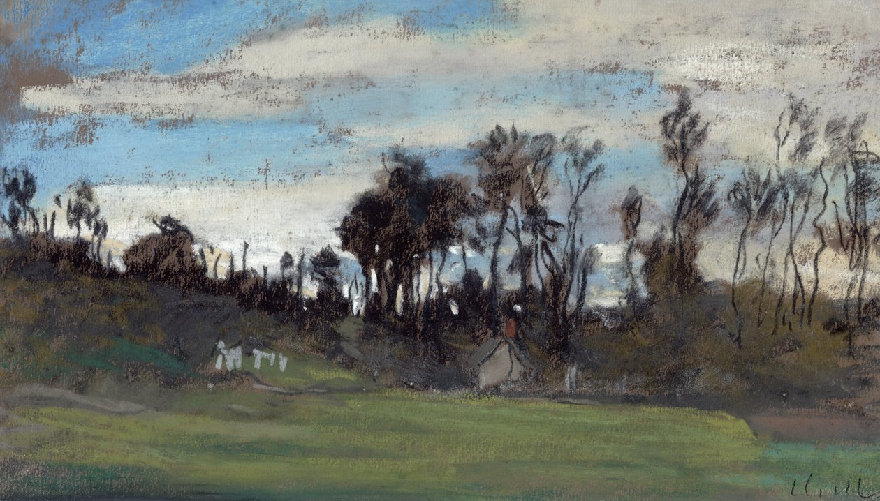 A fákkal szegélyezett rét (pasztell és gouache) alkotó: Claude Monet