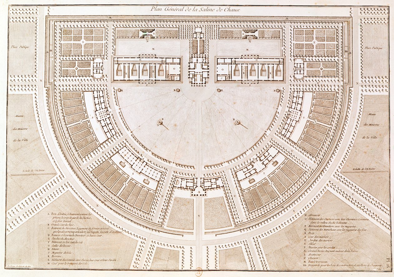 A sóművek általános terve Chaux "ideális városában", Louis Sellier (sz. 1757) metszetével alkotó: Claude Nicolas Ledoux