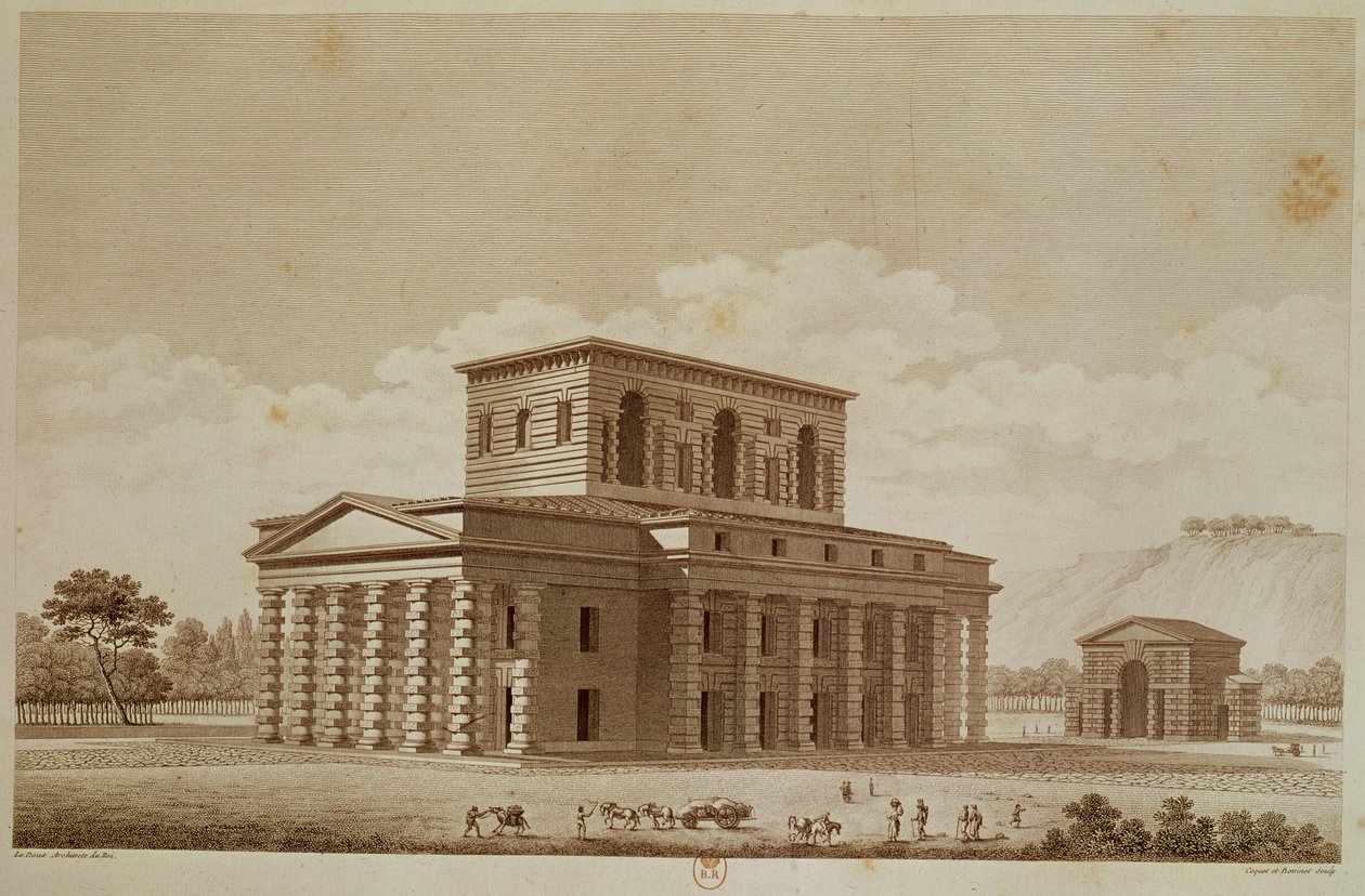 A sóművek igazgatójának házának perspektivikus képe Chaux „ideális városában”, Louis Sellier (sz. 1757) és Coquet metszetei, 1801 körül alkotó: Claude Nicolas Ledoux