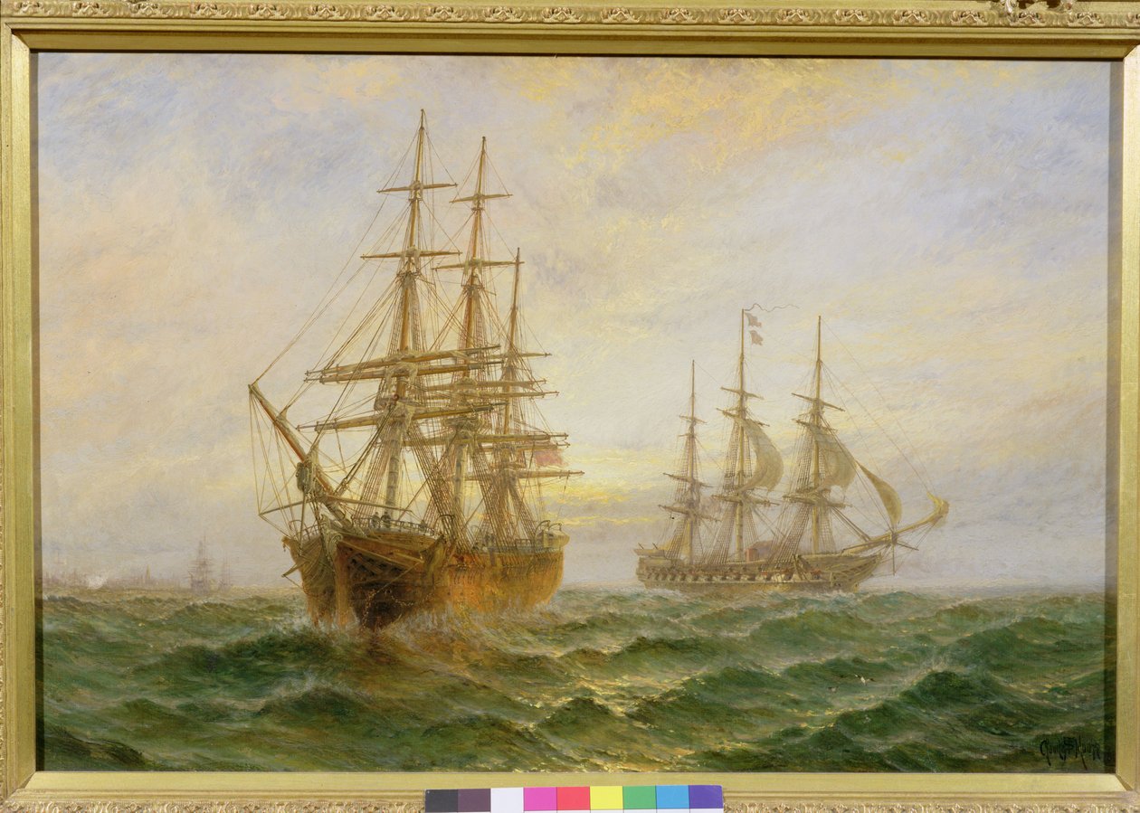 Két hajó halad el naplementében alkotó: Claude T. Stanfield Moore