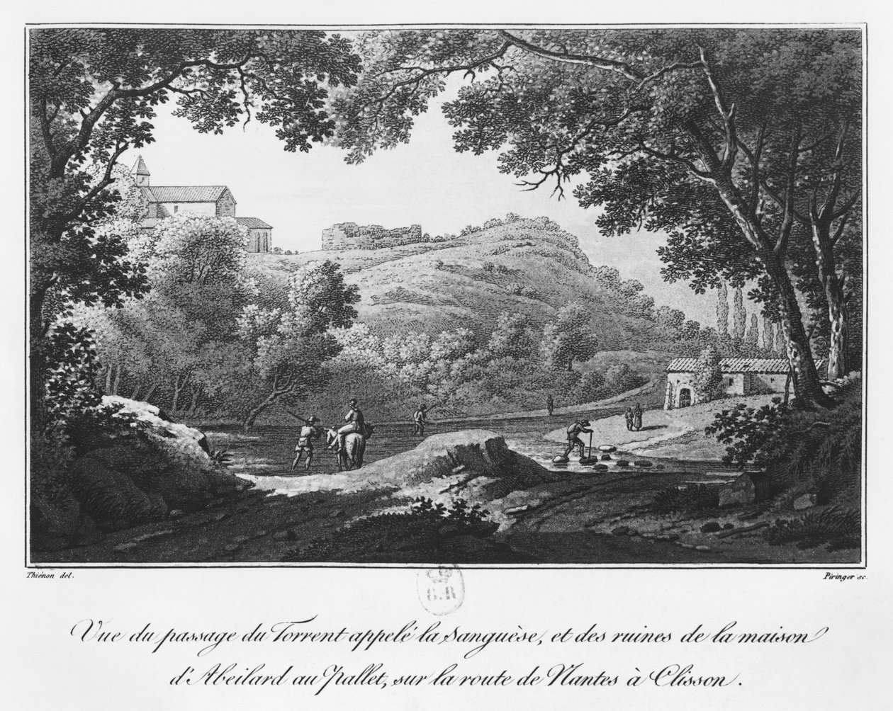 Kilátás a La Sanguese néven ismert patakról és Abelard házának romjairól a Palletnél, a Clissonból Nantes-ba vezető úton, illusztráció a „Voyage pittoresque dans le bocage de la Vendee ou v” című filmből alkotó: Claude Thienon