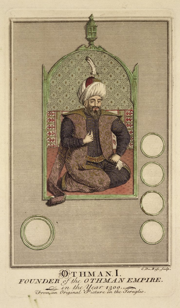 I. Oszmán (1259-1326) az Oszmán Birodalom megalapítója 1300-ban, egy eredeti képről a szerájban alkotó: Claude du Bose