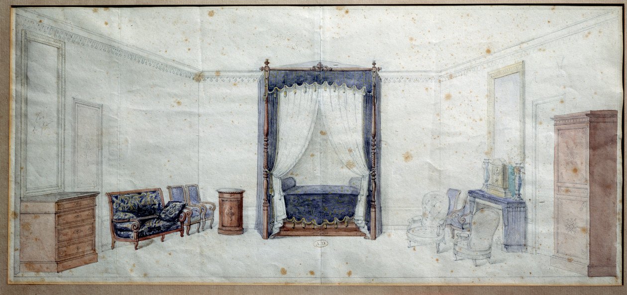 Hálószoba (komóddal, szanaszét, fotellel és baldachinos ággyal). Claude Aime Chenavard akvarellje (1798-1838) alkotó: Claude Amie Chenavard