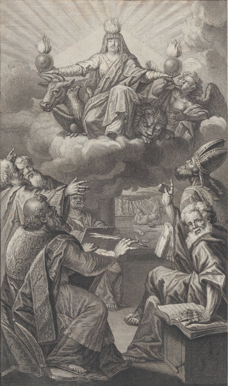 Felhőkön megjelenő allegorikus figura, miközben alatta egy csoport férfi u..., 1728. alkotó: Claude Augustin Duflos
