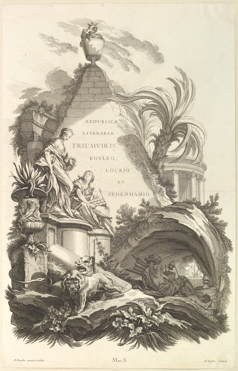 Frontispiece for the Tomb of Boyle, Locke és Sydenham Frontispiece for the Tomb..., kb. 1736. alkotó: Claude Augustin Duflos