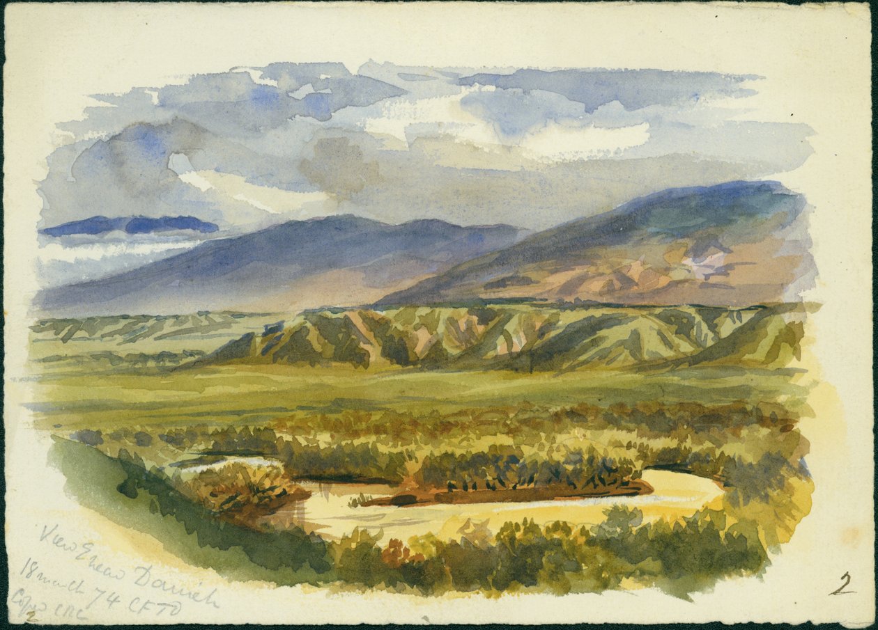Kilátás Damieh közelében, Jordan Valley, 1874 (wc és ceruza papíron) alkotó: Claude Conder