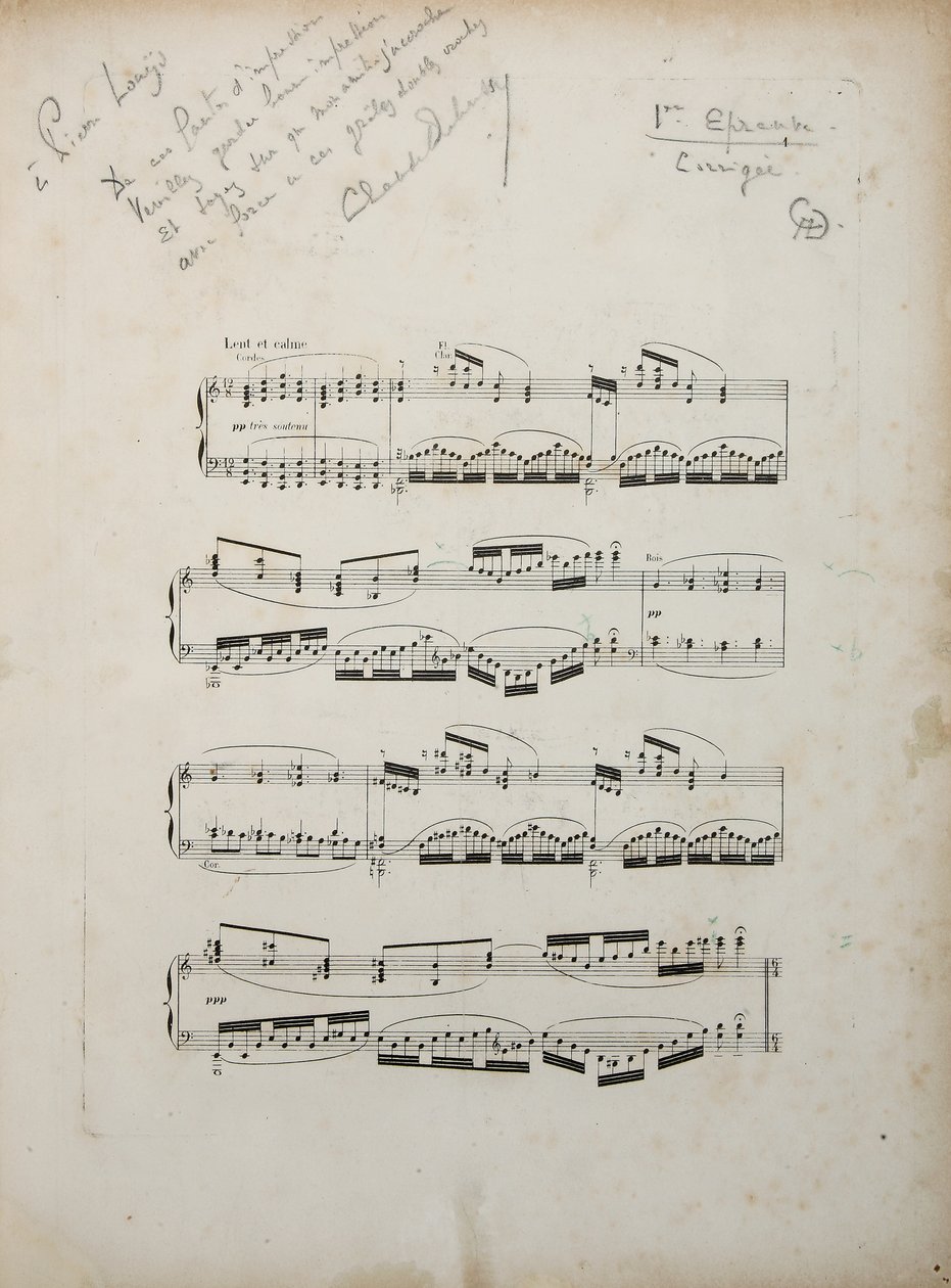 Oldal a "La damoiselle elue" első javított bizonyítékából, 1887-88 körül alkotó: Claude Debussy