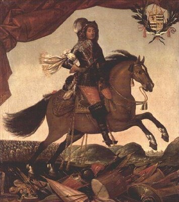 Egy tábornok lovas portréja, előtérben fegyvertrófea, túl a lovasság alkotó: Claude Deruet