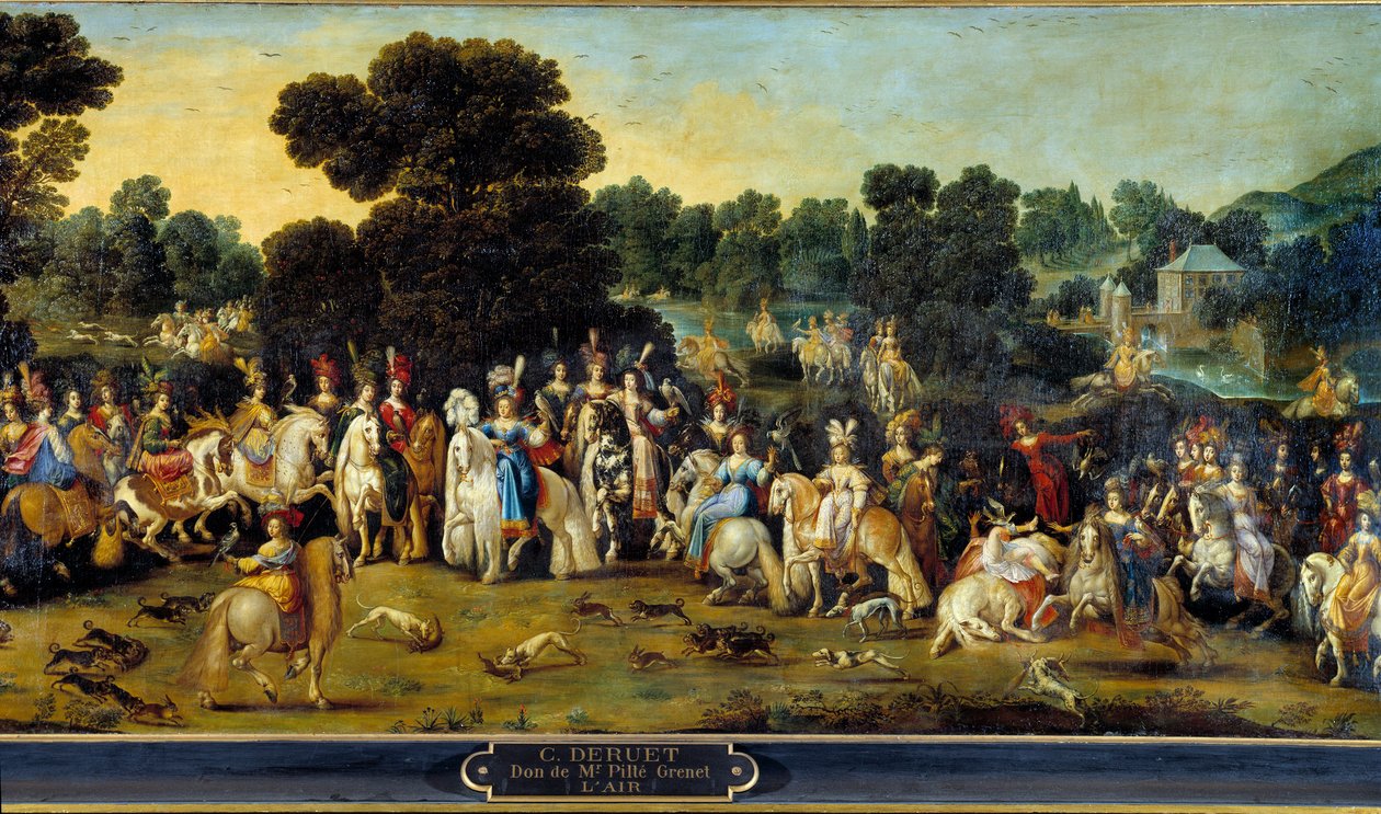 A négy elem: „Levegő”. Vadászjelenet egy kastély parkjában. Részlet. Claude Deruet (1588-1662) festménye 1641 V. 1,14x2,58 m Orleans, musee des Beaux Arts alkotó: Claude Deruet