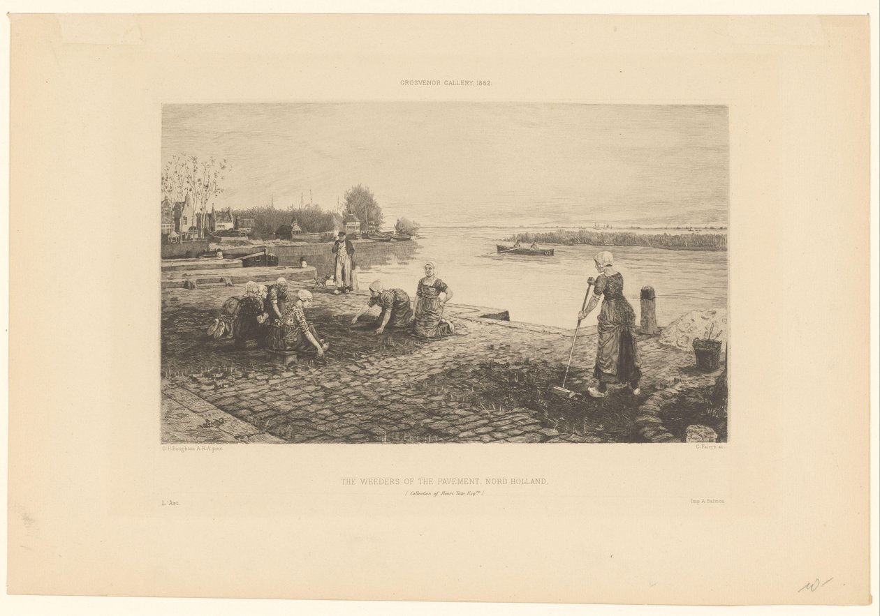 Nők gyomlálás egy rakparton Észak-Hollandiában A járda gyomlálói, Nord Holland (cím az objektumon) alkotó: Claude Faivre