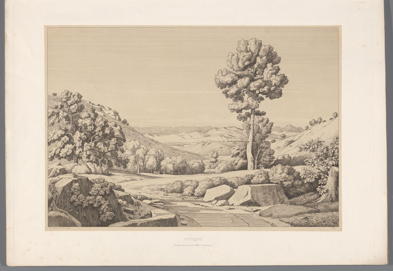 Landschap met weg Attika (cím az objektumon) Kilátások az ókori Görögország leghíresebb helyszíneiről (...) (sorozat címe) alkotó: Claude Félix Théodore Caruelle d