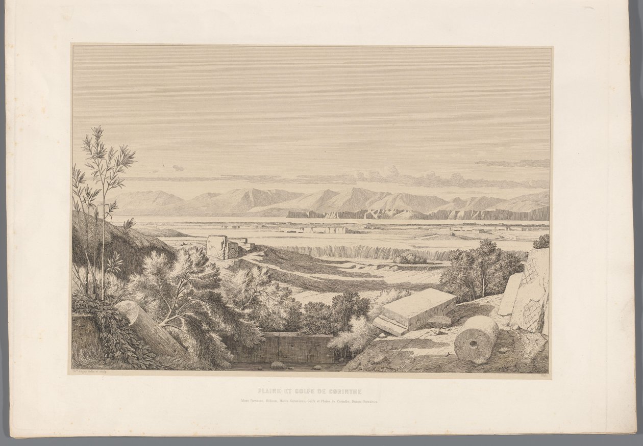 Landschap met zicht op ruins van Korinth Síkság és Korinthoszi-öböl (cím a tárgyon) Kilátások az ókori Görögország leghíresebb helyszíneiről (...) (sorozat címe) alkotó: Claude Félix Théodore Caruelle d