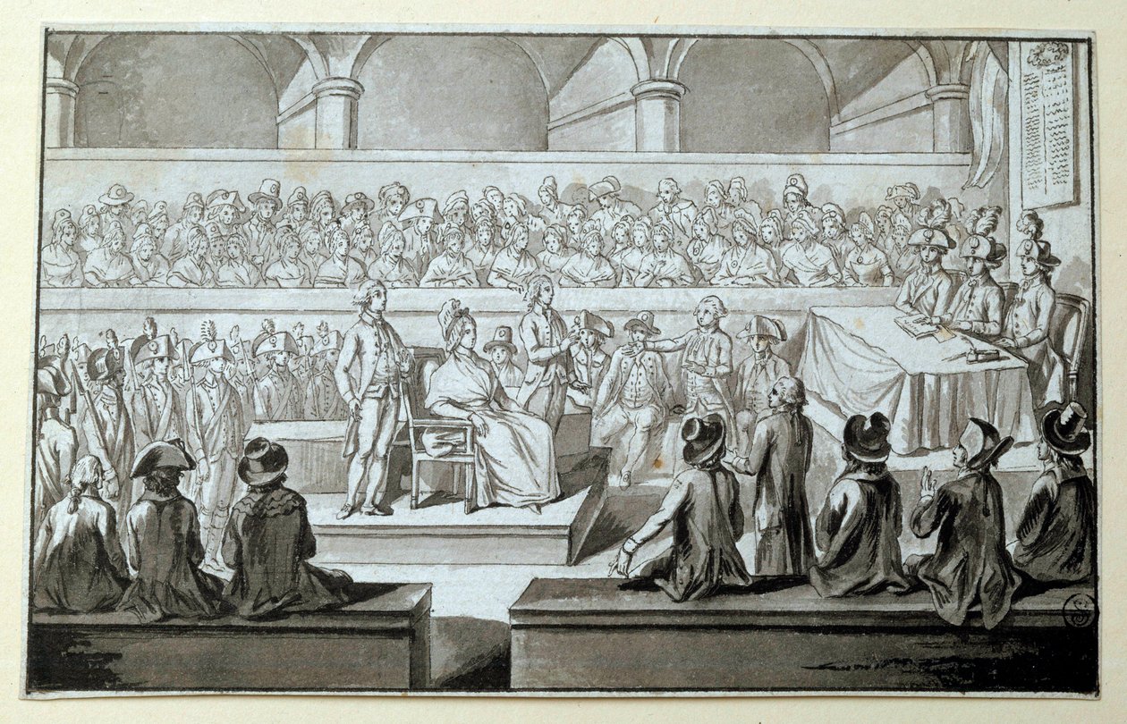 Marie Antoinette francia királynő a Forradalmi Törvényszék előtt: 1793.10.14., 15., 16. nap Az ügyében védekező ügyvéd Claude Francois Chauveau-Lagarde (1756-1841). Rajz fekete tintával Dim. 0,097x0,15 m. Párizs, Louvre Múzeum alkotó: Claude Francois Chauveau Lagarde