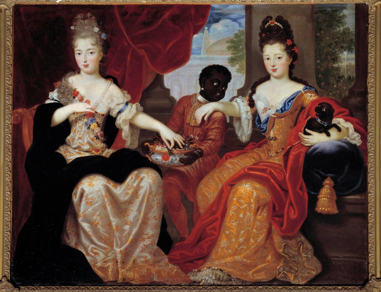 Mademoiselle de Blois és Mademoiselle de Nantes portréi, amelyeket fekete szolgájuk szolgál fel”””. Mademoiselle de Blois (1677-1749), Louis de Bourbon leendő felesége, Mademoiselle de Nantes (1673-1743), Orléans leendő hercegnője. Claude Francois V festmé alkotó: Claude Francois Vignon