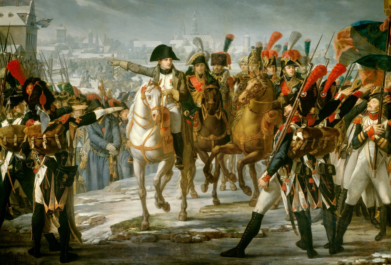 I. Napóleon császár (1769-1821) a Lech hídon a Nagy Armee 2. hadtestét őrzi fel Augsburg támadása előtt 1805.12.10. Claude Gautherot (1769-1825) festménye 1808 V. 3,85x6,2 m alkotó: Claude Gautherot